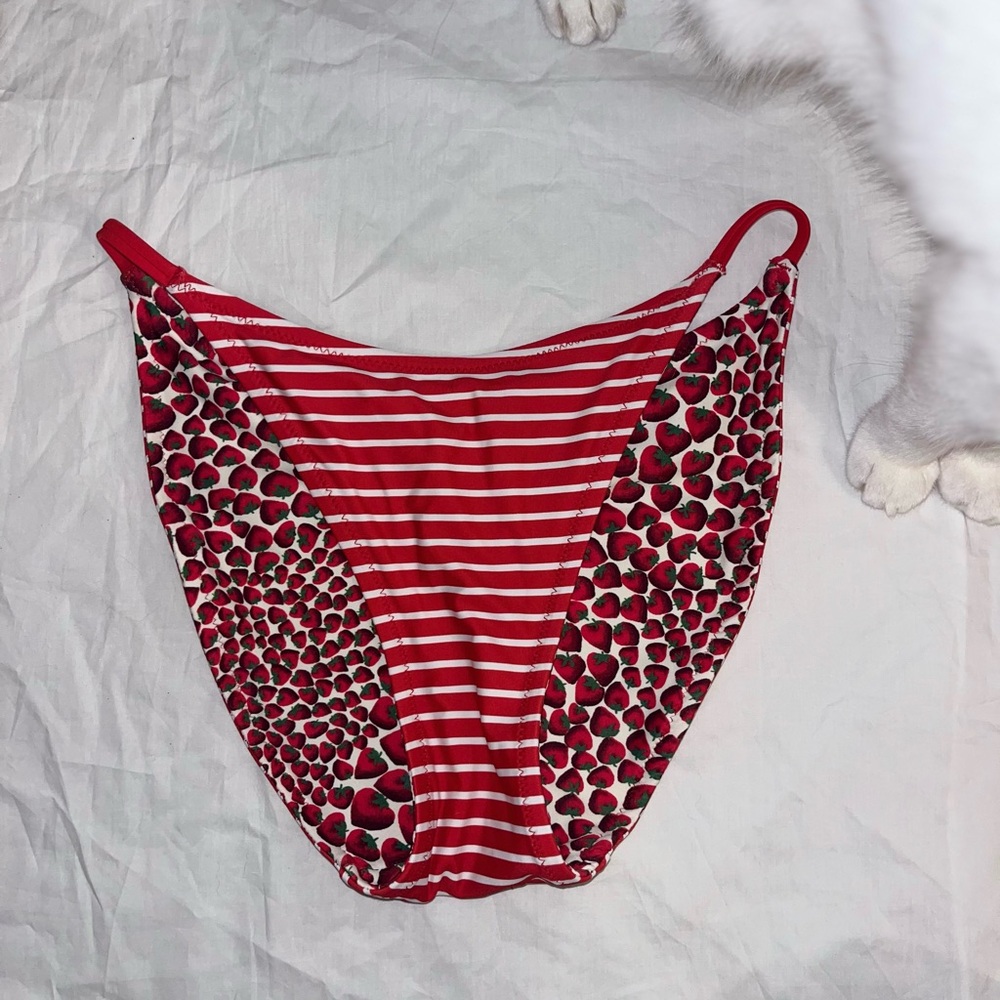 J. Crew Small Reveraible Red and White Stripe + Strawberry Print Bikini Bottom 🍓